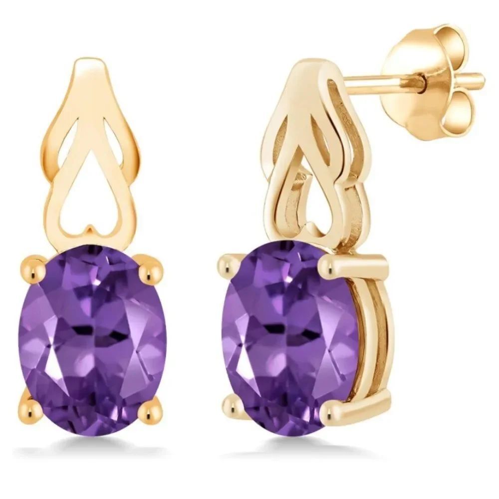 18K Yellow Gold 925 with 3.32 Cttw Amethyst Oval Post Back Drop Earrings
